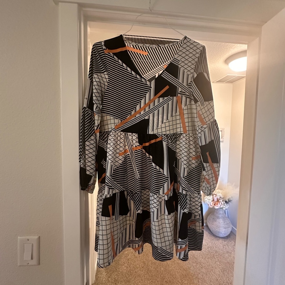 Amazon Black and White Long Sleeve Dress with Orange Accents